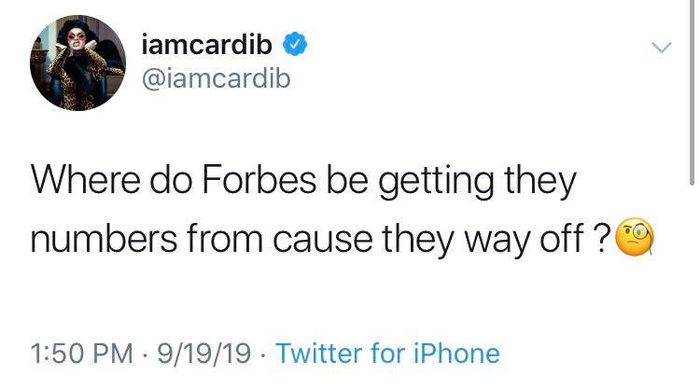 Cardi B đăng tweet với hàm ý cho rằng thống kê của Forbes là sai sự thật.