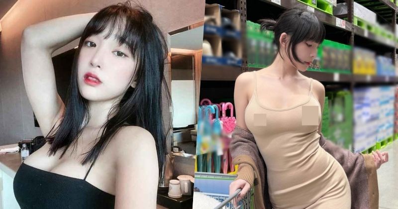 View -             Hot girl Hàn Quốc 'thả rông' vòng 1 khi đi siêu thị    