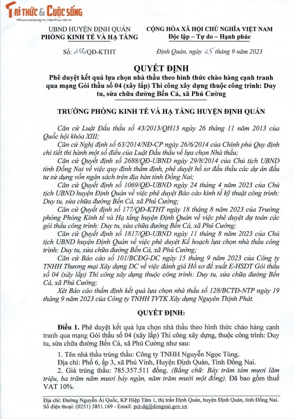             Đồng Nai: Cty Ngọc Tùng 1 ngày trúng 3 gói thầu tại Định Quán    
