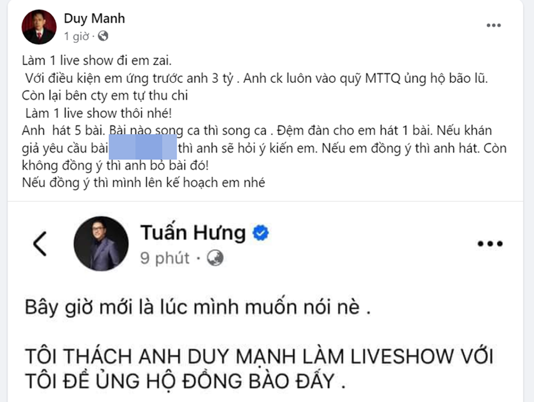 View -             Tuấn Hưng thách Duy Mạnh cùng làm liveshow gây quỹ từ thiện    