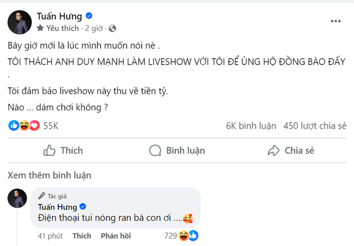 View -             Tuấn Hưng thách Duy Mạnh cùng làm liveshow gây quỹ từ thiện    