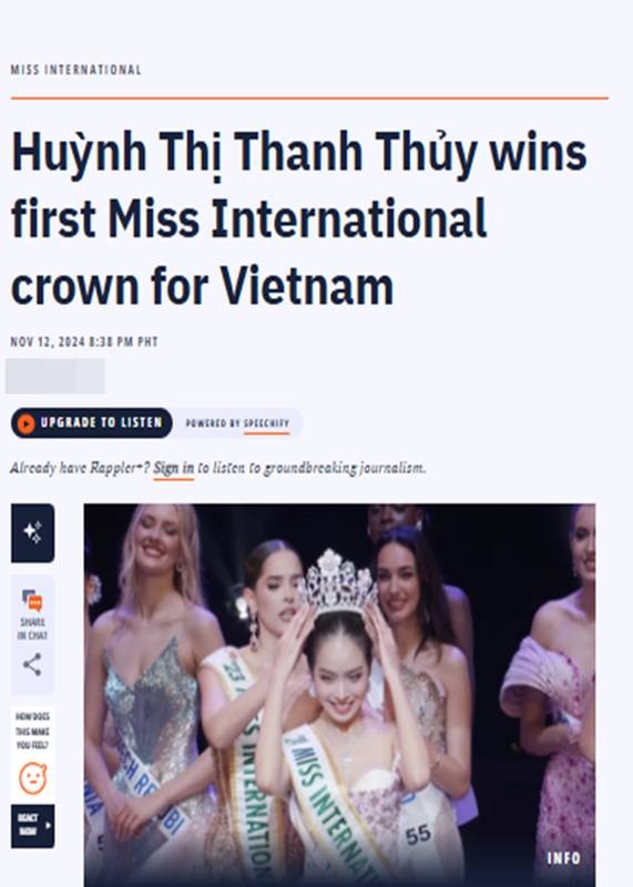 View -             Báo quốc tế rầm rộ đưa tin Thanh Thủy đăng quang Miss International 2024    