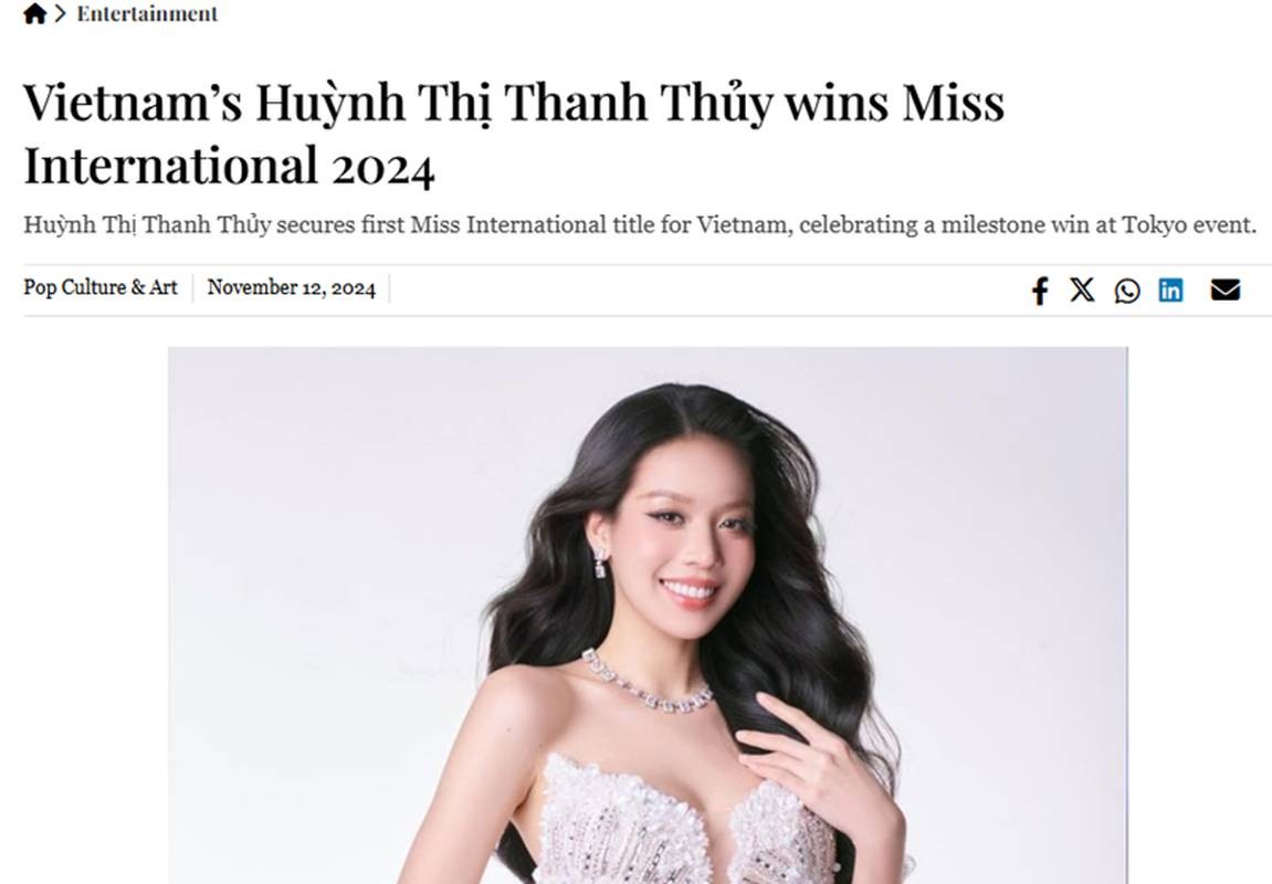 View -             Báo quốc tế rầm rộ đưa tin Thanh Thủy đăng quang Miss International 2024    